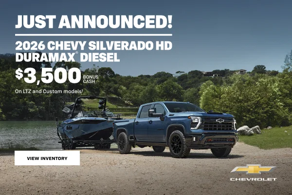 2026 Chevy Silverado HD Duramax Diesel. $3,500 Bonus Cash on LTZ and Custom models.